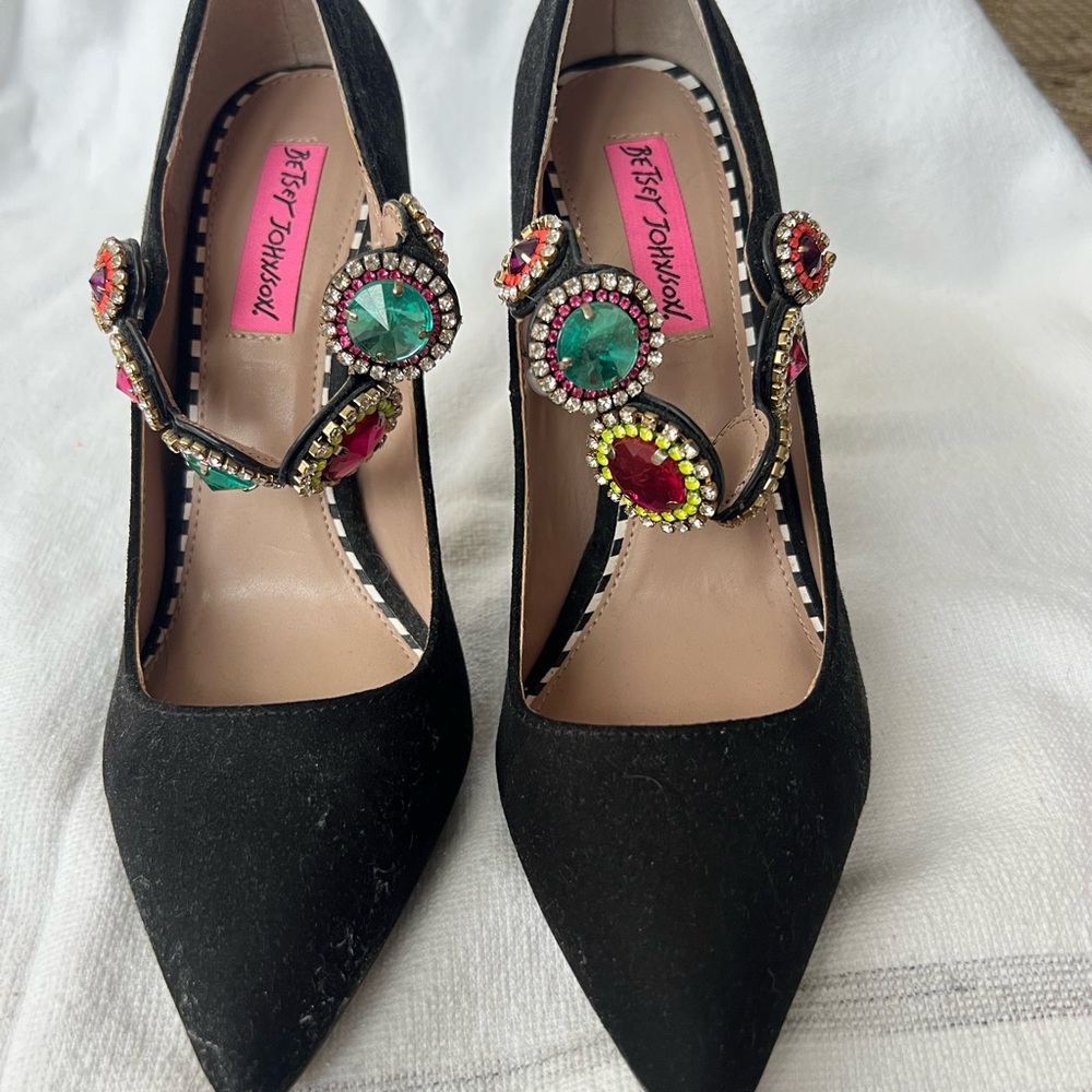 NEVER WORN Betsey Johnson Black Heels with Colorful Embellishments